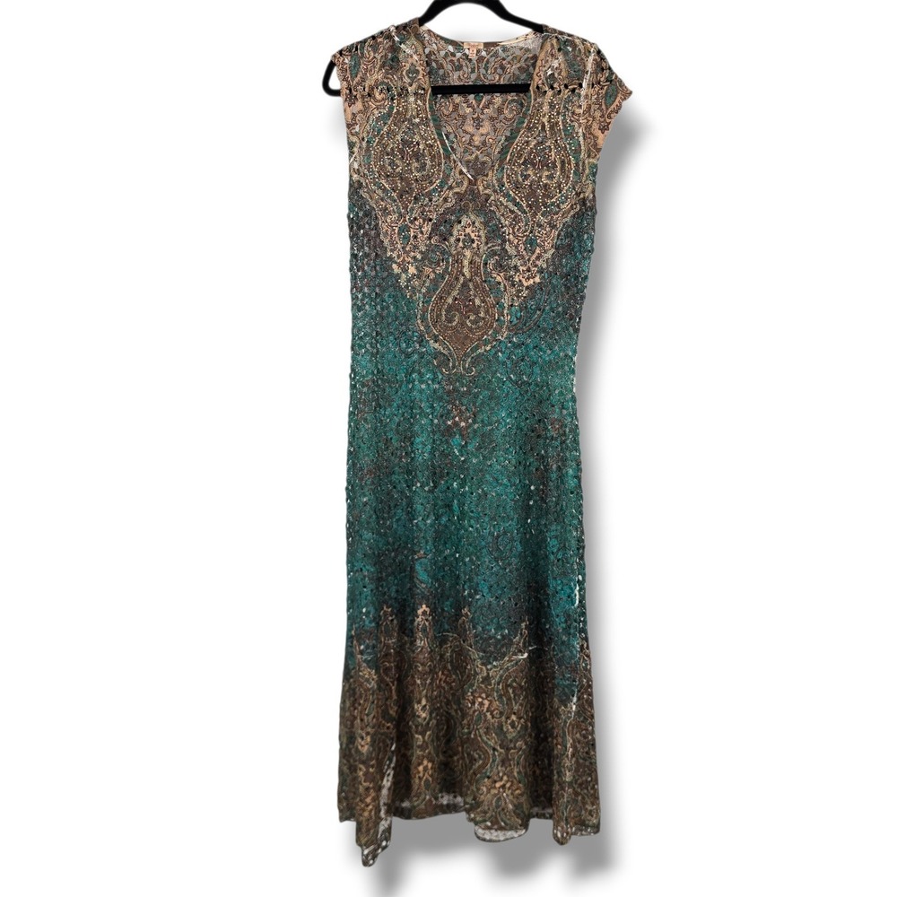 Reba Womens Paisley Lace Rhinestone V-Neck Sleeveless Midi Dress Teal Brown M